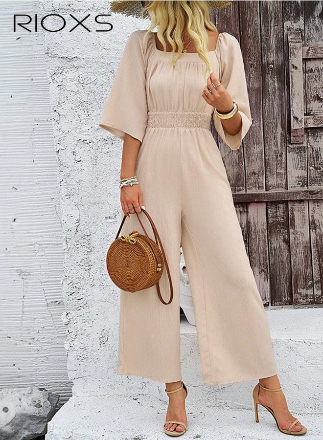 RIOXS Women's One Piece Jumpsuits, Casual Loose Square-neck Smocked Waist Jumpsuits with 3/4 Sleeves, Summer Wide Leg Elastic High Waist Pant Romper Jumpsuit for Wedding, Dating, Holiday, Weekend Getaways, Beige - Image 2