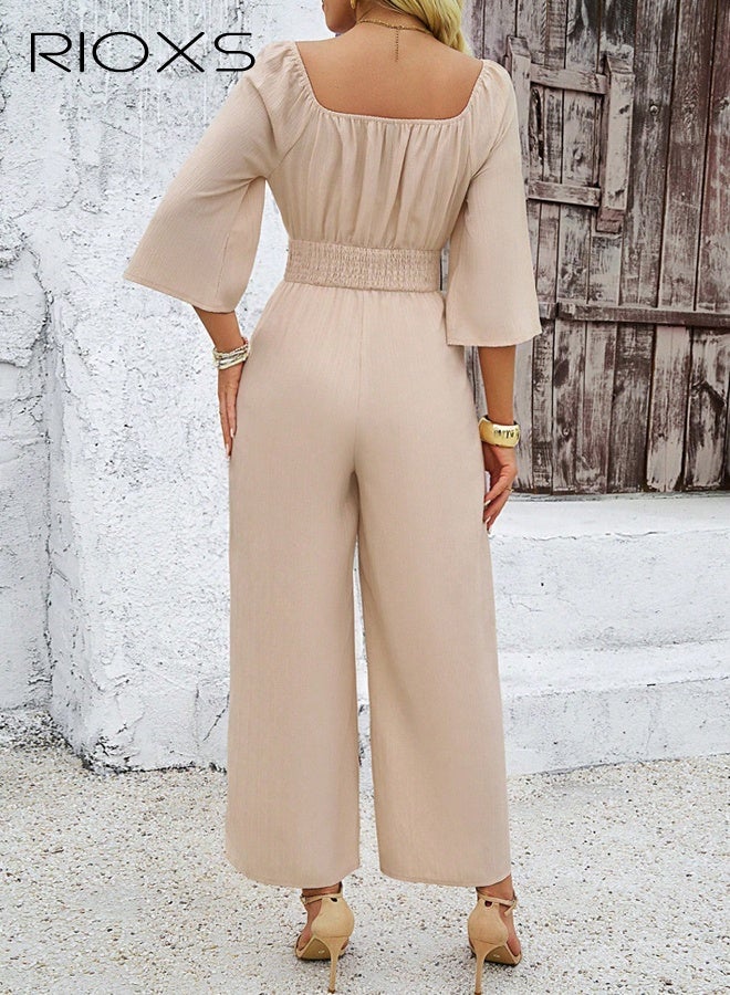 RIOXS Women's One Piece Jumpsuits, Casual Loose Square-neck Smocked Waist Jumpsuits with 3/4 Sleeves, Summer Wide Leg Elastic High Waist Pant Romper Jumpsuit for Wedding, Dating, Holiday, Weekend Getaways, Beige - Image 4