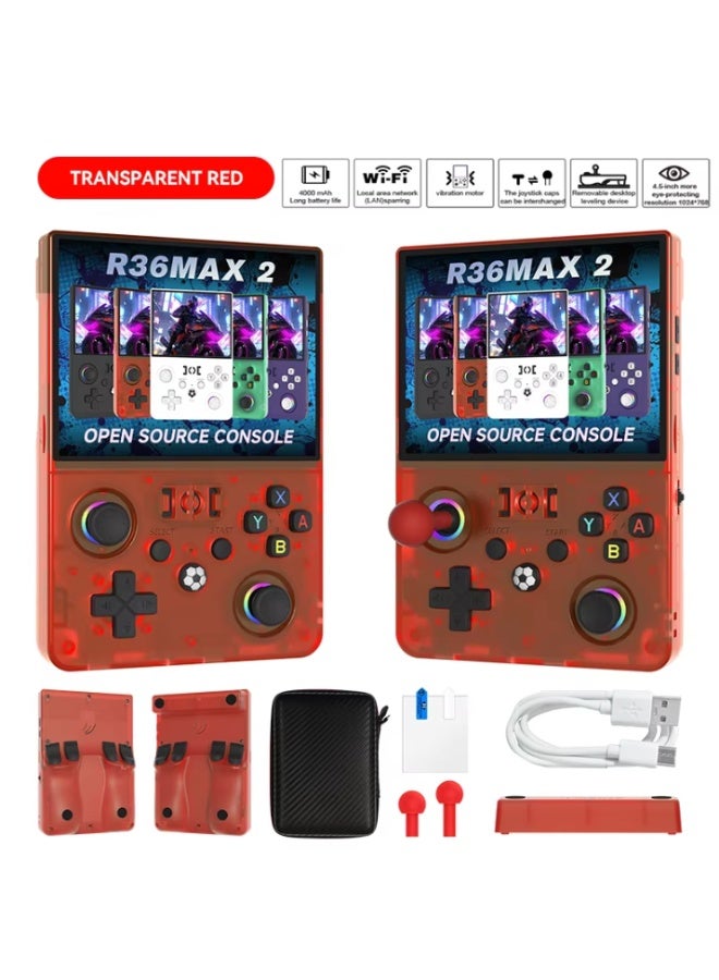 جهاز الألعاب المحمول R36MAX 2 Retro، شاشة IPS HD مقاس 4.5 بوصة، معالج عالي الأداء بتردد 1.5 جيجاهرتز، بطارية سعة 4000 مللي أمبير، دعم لمحاكيات متعددة، جهاز ألعاب فيديو كلاسيكي بنمط "الأركيد" – اللون أحمر. - Image 1