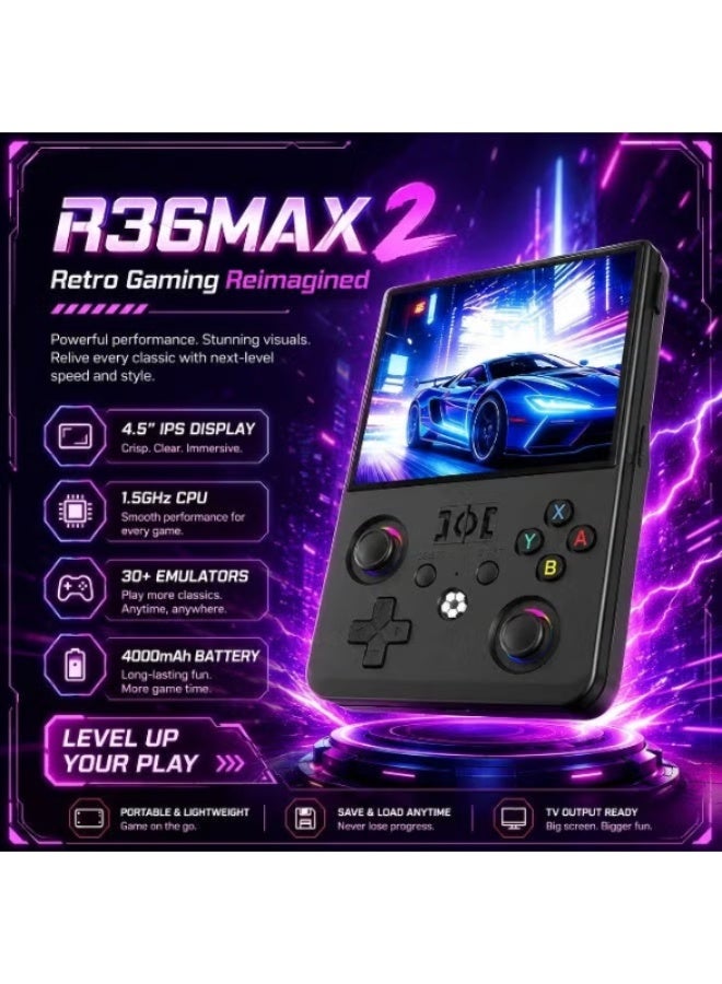 جهاز الألعاب المحمول R36MAX 2 Retro، شاشة IPS HD مقاس 4.5 بوصة، معالج عالي الأداء بتردد 1.5 جيجاهرتز، بطارية سعة 4000 مللي أمبير، دعم لمحاكيات متعددة، جهاز ألعاب فيديو كلاسيكي بنمط "الأركيد" – اللون أحمر. - Image 3