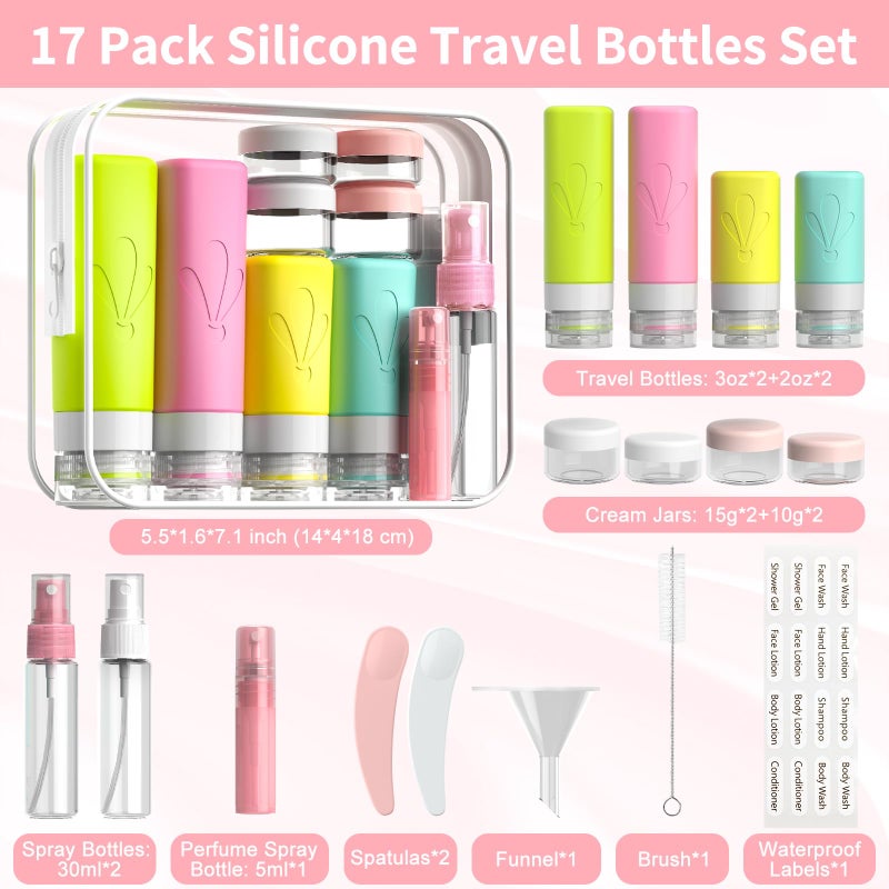 INSFIT Silicone Travel Bottles Set, 17 Pack Travel Size Toiletries, Leakproof Travel Bottles for Toiletries, Travel Accessories for Women, Airplane Travel Essentials, Travel Containers for Toiletries - Image 2