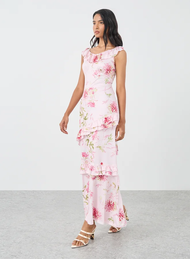 Take Two Take Two Floral Print Sleeveless Ruffled Detail Maxi Dress