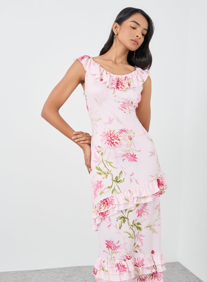 تايك تو فستان ماكسي بدون أكمام بطبعات زهور وتفاصيل كشكش - Image 3