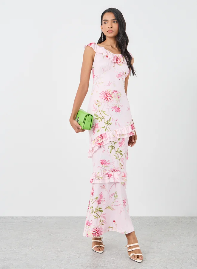 Take Two Take Two Floral Print Sleeveless Ruffled Detail Maxi Dress