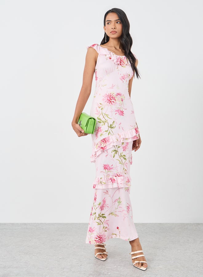 تايك تو فستان ماكسي بدون أكمام بطبعات زهور وتفاصيل كشكش - Image 1