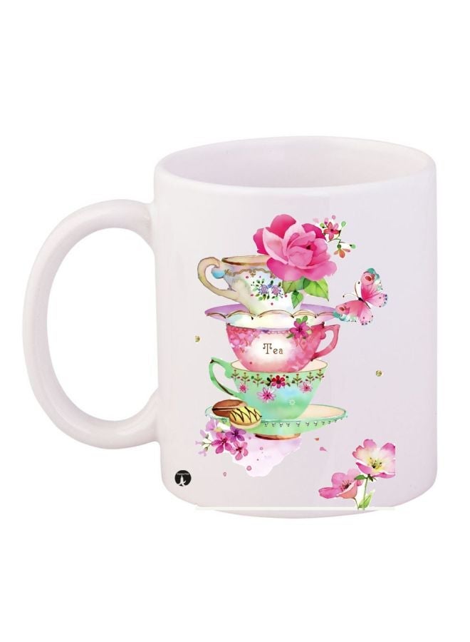 RYN Tea Time Printed Coffee Mug White/Pink/Green 11ounce