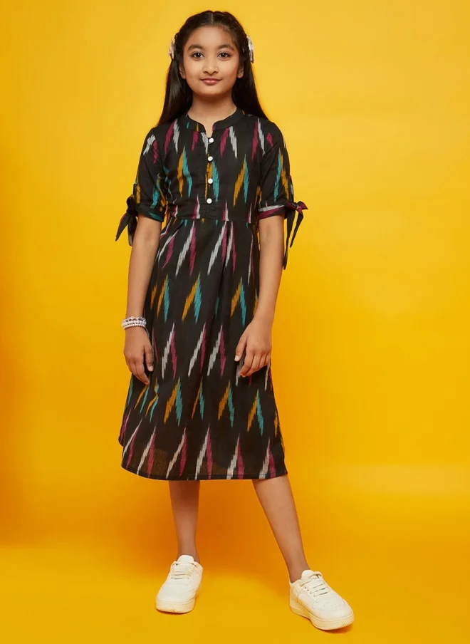 AKS Black Abstract Print A-Line Dress for Girls
