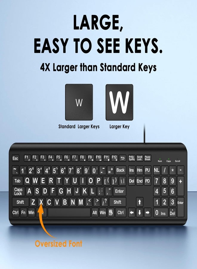 EDJO Large Print Computer Keyboard, Wired USB Full Size Quiet Keyboard with 4X Oversized Print Letters for Visually Impaired Low Vision Individuals Easy to See and Type for PC, Laptop,Windows - Image 3
