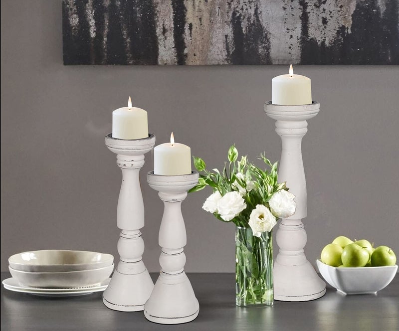 Lightnpro Farmhouse Wooden Pillar Candle Holders Set of 3 White Antique  Tall Rustic Decorative Candle Stands for Home Decor Table Centerpieces and Weddings Heights 16 14 12 Inch
