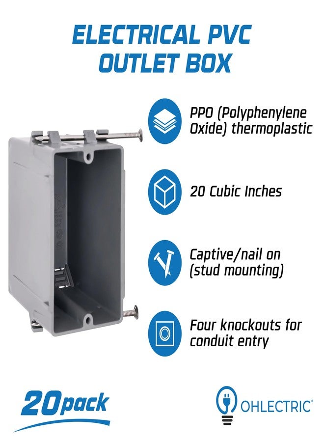OHLECTRIC علبة مفاتيح كهربائية عميقة من OHLECTRIC (عبوة من 20 قطعة) - رمادي | علبة عمل جديدة أحادية الفتحة بسعة 20 بوصة مكعبة مع تثبيت بمسامير، مقاومة للحريق | هيكل متين من مادة PPO للكابلات غير المعدنية المغلفة - Image 2
