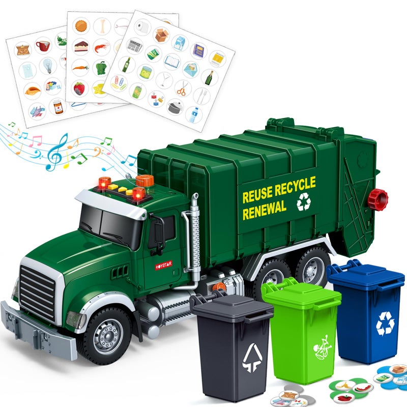 Bstoyder Kids Toys for 3 4 5 6 7 8 Years Old Boys 15 Large Garbage Truck Toy Friction Powered Garbage Recycling Truck with Lights and Sounds 3 Trash Bins with Trash Cards Birthday Gifts for Boys Girls - Image 2