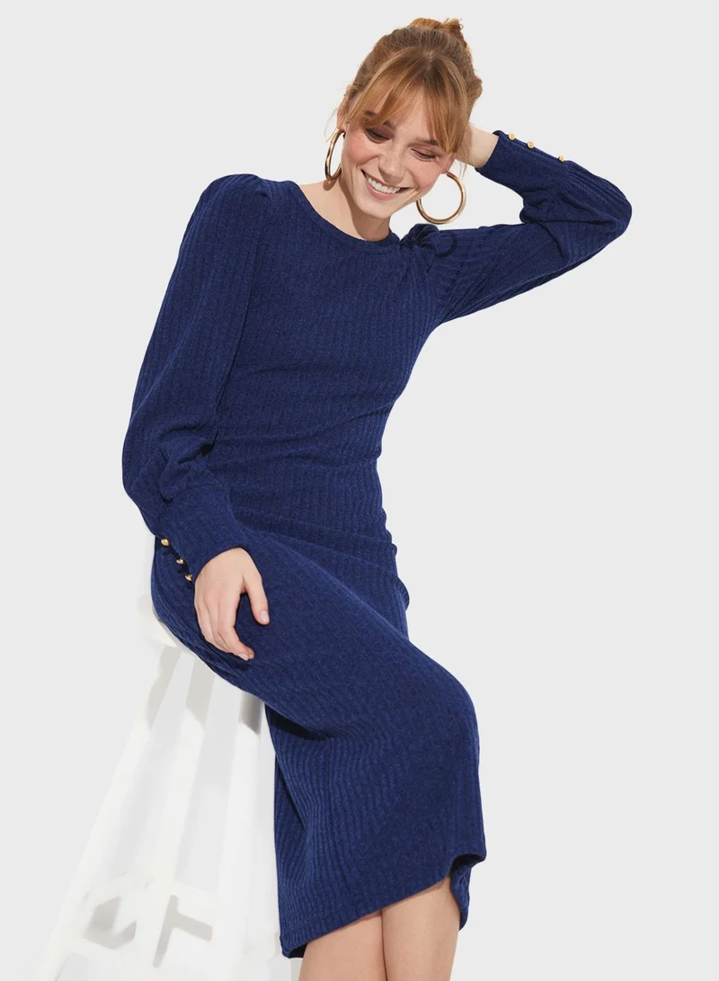 JUNE Ribbed Balloon Sleeve Dress
