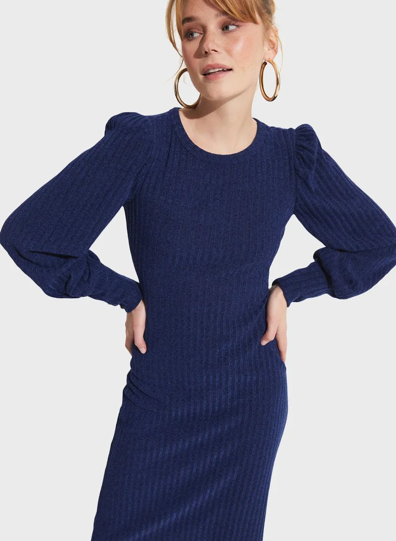 JUNE Ribbed Balloon Sleeve Dress
