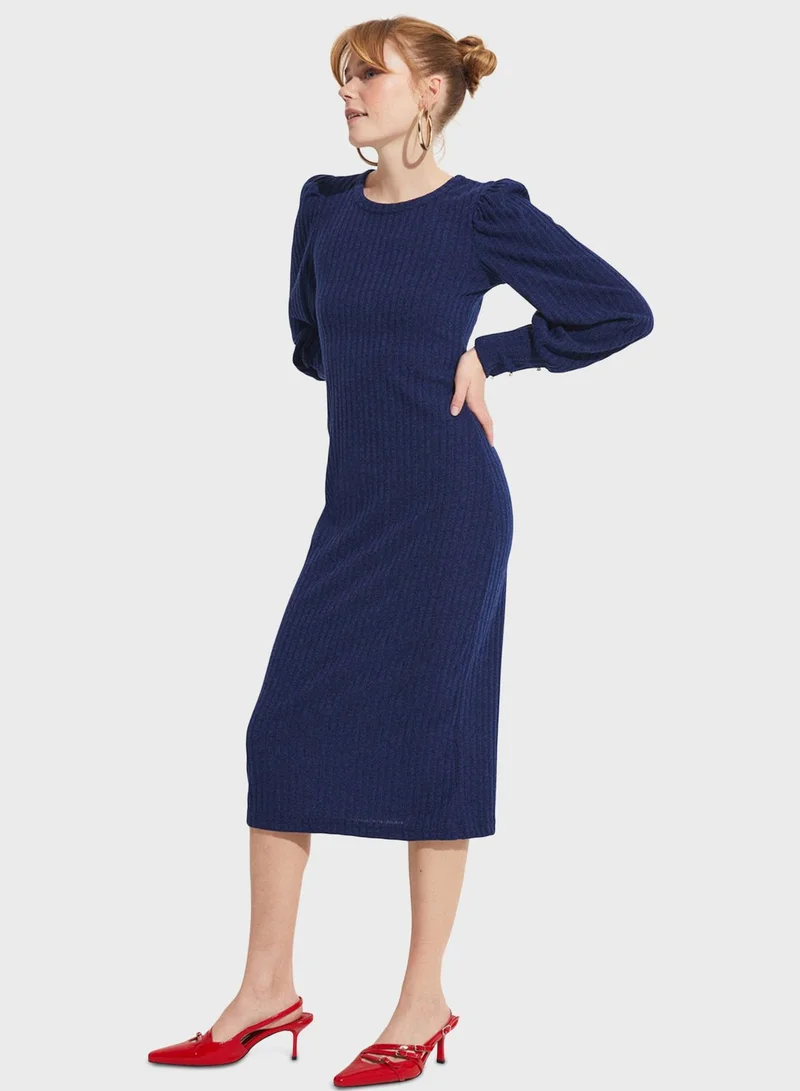 JUNE Ribbed Balloon Sleeve Dress