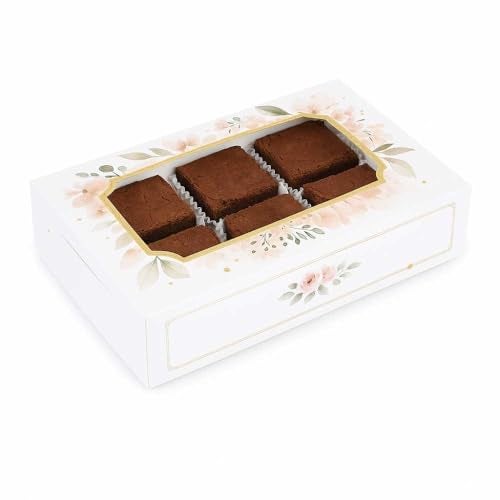 Chic a Choc 350GSM Brownie Box for 6. White Floral Design in Watercolour (6x9x2 in) (Pack of 8). Bark Chocolate. - Image 1