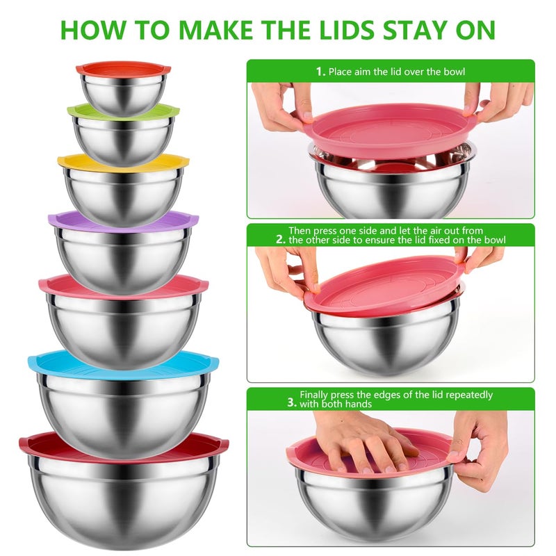 Leidawn Mixing Bowls with Lids for Kitchen - 26 PCS Stainless Steel Nesting Colorful Mixing Bowls Set for Baking,Mixing,Serving & Prepping,Size 5, 3.7, 2.8, 2.3, 1.7, 1.1, 0.7QT,11 Cooking Utensils - Image 3