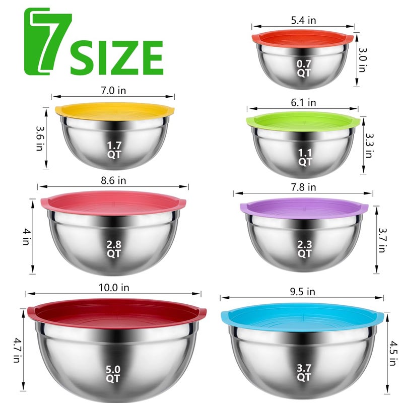 Leidawn Mixing Bowls with Lids for Kitchen - 26 PCS Stainless Steel Nesting Colorful Mixing Bowls Set for Baking,Mixing,Serving & Prepping,Size 5, 3.7, 2.8, 2.3, 1.7, 1.1, 0.7QT,11 Cooking Utensils - Image 4