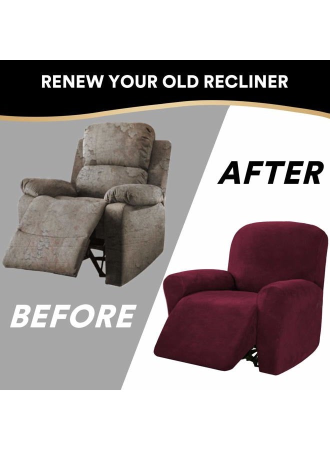 PrinceDeco Recliner Chair Cover Velvet Stretch Recliner Couch Covers 4-Pieces Style Recliner Chair Covers Recliner Cover for Reclining Chair Slipcovers Feature Non Slip Form Fitted Thick Soft,Burgundy - Image 5