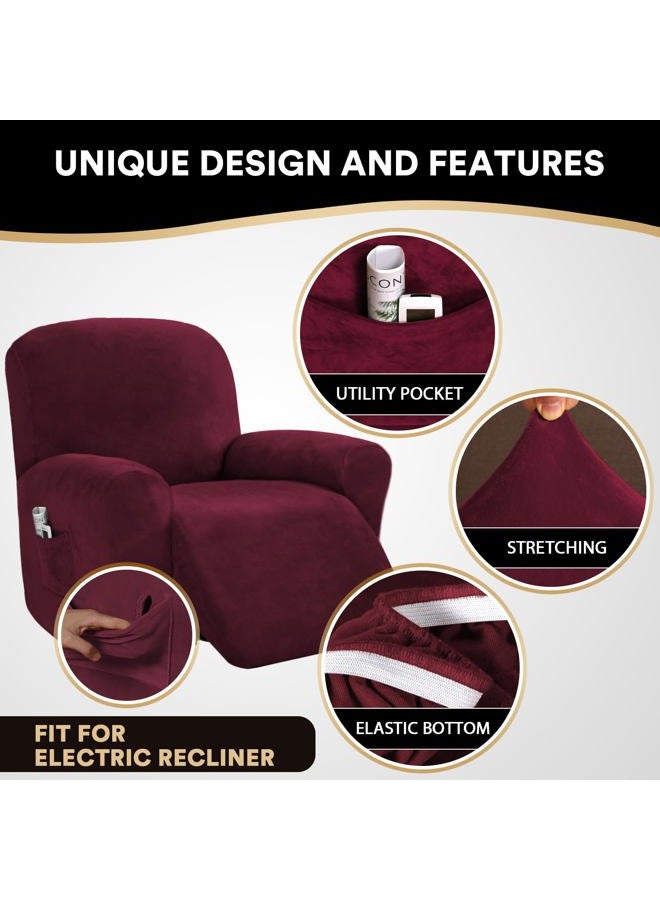 PrinceDeco Recliner Chair Cover Velvet Stretch Recliner Couch Covers 4-Pieces Style Recliner Chair Covers Recliner Cover for Reclining Chair Slipcovers Feature Non Slip Form Fitted Thick Soft,Burgundy - Image 4