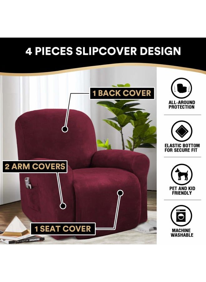 PrinceDeco Recliner Chair Cover Velvet Stretch Recliner Couch Covers 4-Pieces Style Recliner Chair Covers Recliner Cover for Reclining Chair Slipcovers Feature Non Slip Form Fitted Thick Soft,Burgundy - Image 2