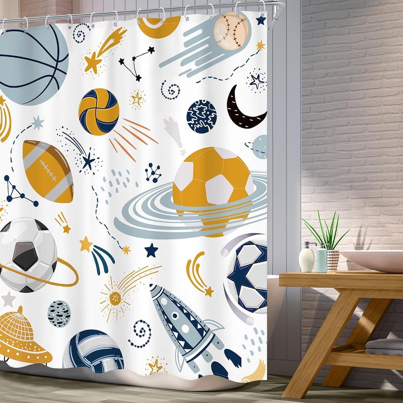 Ufeela Kids Boys Sports Space Shower Curtain 60Wx72L Inch Cool Football Planet Cute Universe Galaxy Baseball Basketball Bathroom Set Teens Toddler Nursery Bath Curtain Bathtub Accessories Home Decor - Image 3