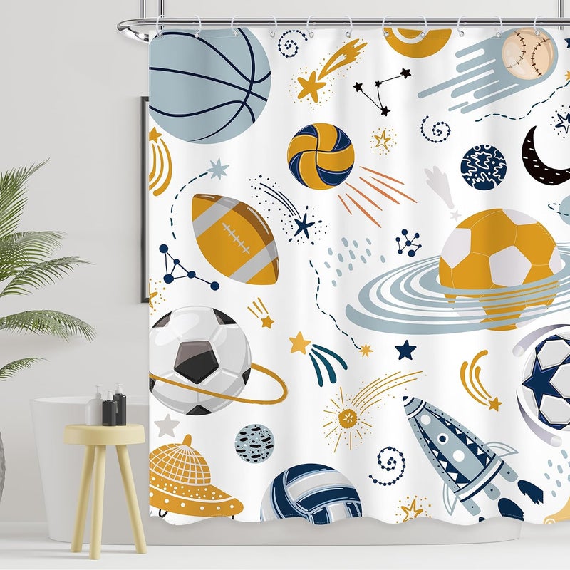 Ufeela Kids Boys Sports Space Shower Curtain 60Wx72L Inch Cool Football Planet Cute Universe Galaxy Baseball Basketball Bathroom Set Teens Toddler Nursery Bath Curtain Bathtub Accessories Home Decor - Image 2