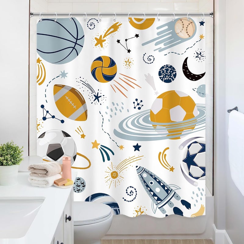 Ufeela Kids Boys Sports Space Shower Curtain 60Wx72L Inch Cool Football Planet Cute Universe Galaxy Baseball Basketball Bathroom Set Teens Toddler Nursery Bath Curtain Bathtub Accessories Home Decor - Image 4