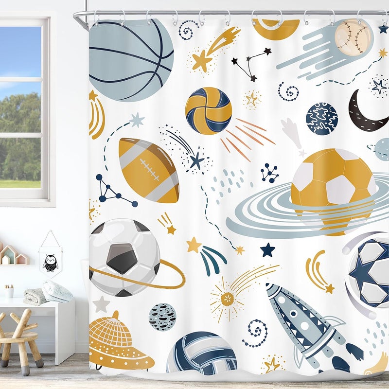 Ufeela Kids Boys Sports Space Shower Curtain 60Wx72L Inch Cool Football Planet Cute Universe Galaxy Baseball Basketball Bathroom Set Teens Toddler Nursery Bath Curtain Bathtub Accessories Home Decor - Image 1