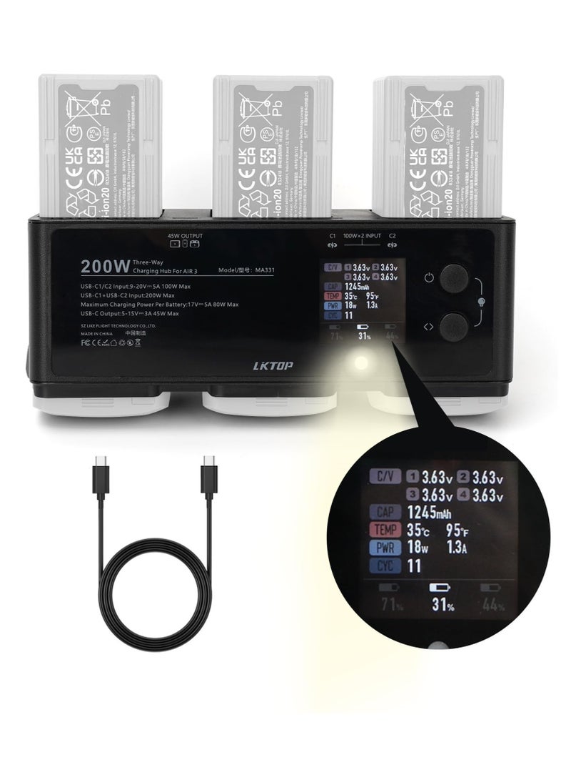 Excefore Air 3 Battery Charging Hub, USB-C Power Adapter,Three-Way Battery Charger for DJI Air 3, with Gather Electricity/Average Electricity/Fast Charging/Storage/LED/Alarm Mode, LED Display Screen - Image 1