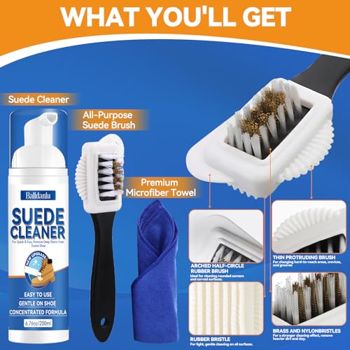 Balldanlu Suede and Nubuck Cleaner, 6.76 Oz Suede Shoe Cleaner with Brush and Towel, No-Rinse Foam Shoe Cleaner Kit for Leather, Boots, Knit, Canvas, Nubuck, Fabric, Tennis - Image 5