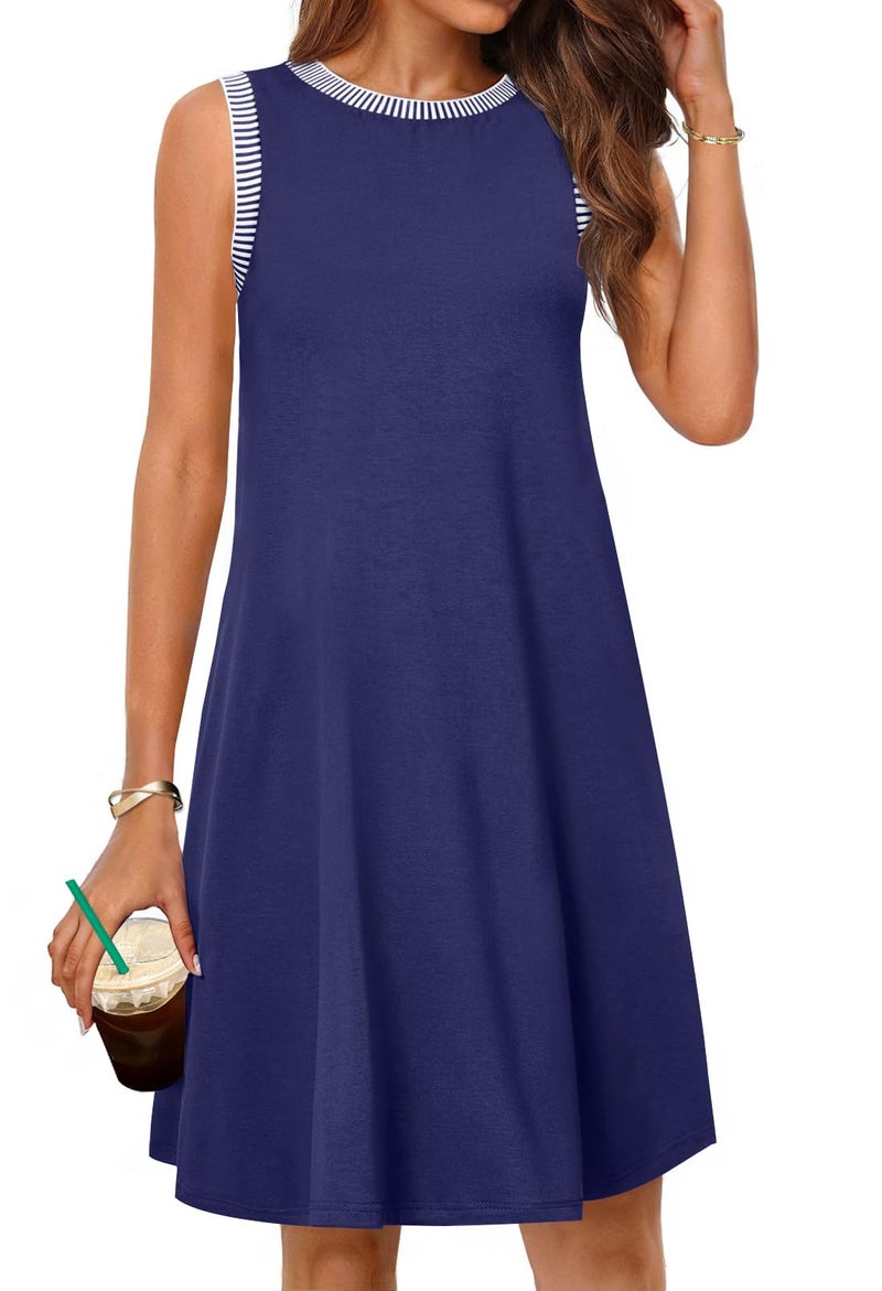 MEROKEETY Womens Spring Summer Sun Dress 2026 Casual Beach Vacation Crewneck Sleeveless Tank Cruise Shift Swing Sundress, Navy, Large - Image 1