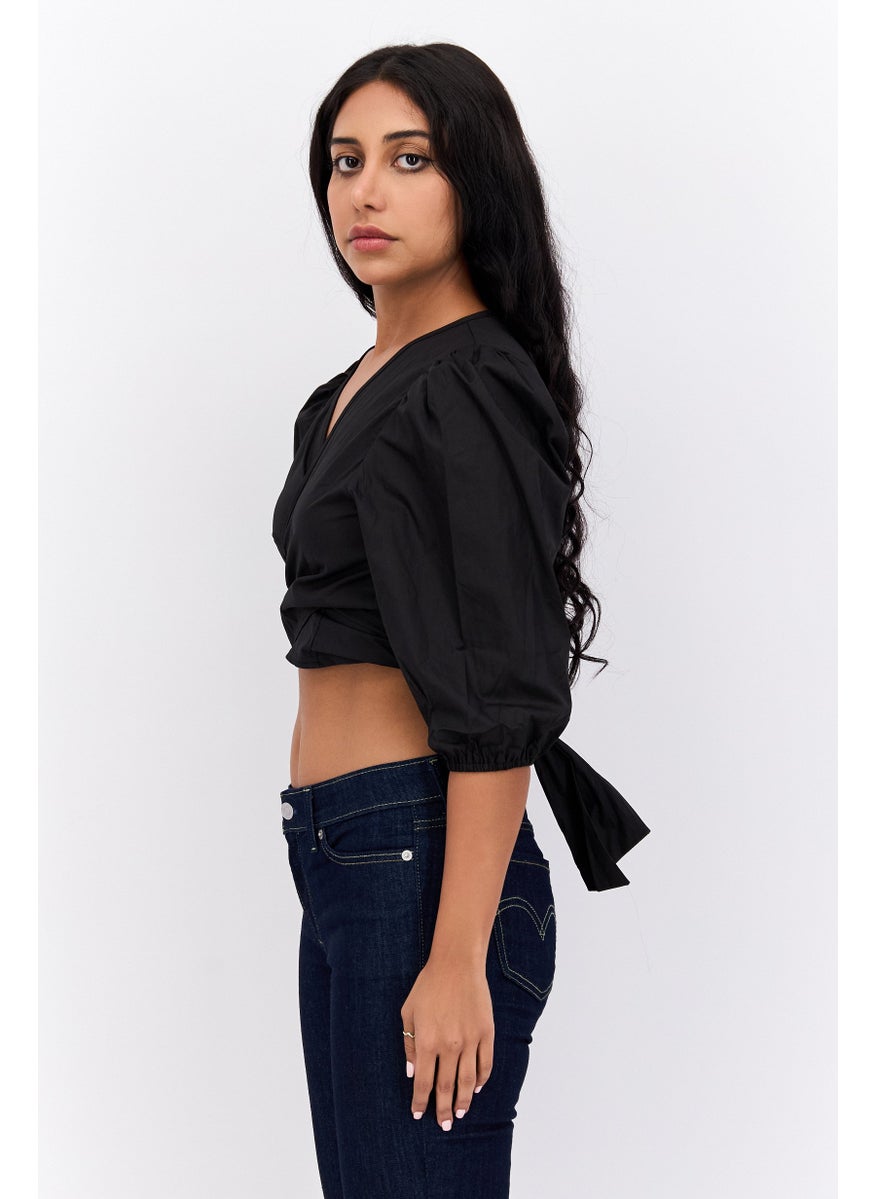 In the style - Women Surplice Neck Long Sleeve Solid Cropped Top, Black - Image 1