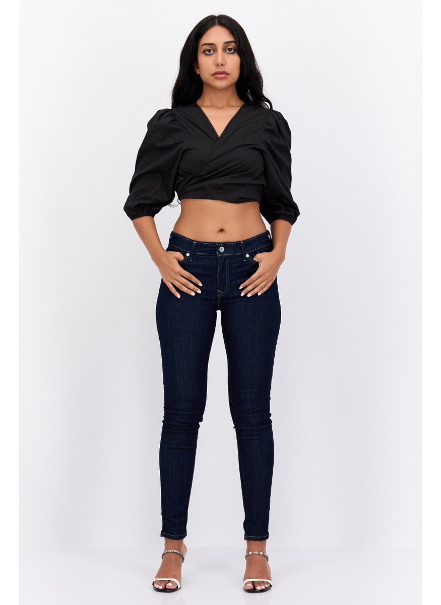 In the style - Women Surplice Neck Long Sleeve Solid Cropped Top, Black - Image 1