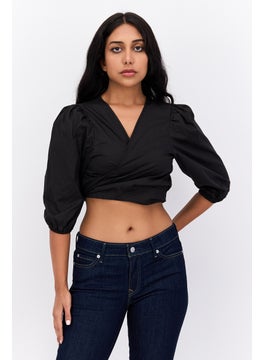 Women Surplice Neck Long Sleeve Solid Cropped Top, Black
