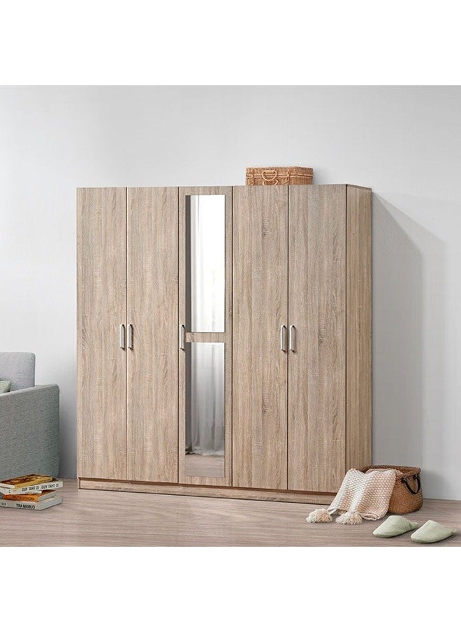 DANUBE HOME Supreme 5-Door Wardrobe With Mirror For Hanging Clothes Extra Sturdy Rack Storage Organiser Modern Design Space Saving Cabinets For Bedroom - French Sonoma Oak  - Image 1