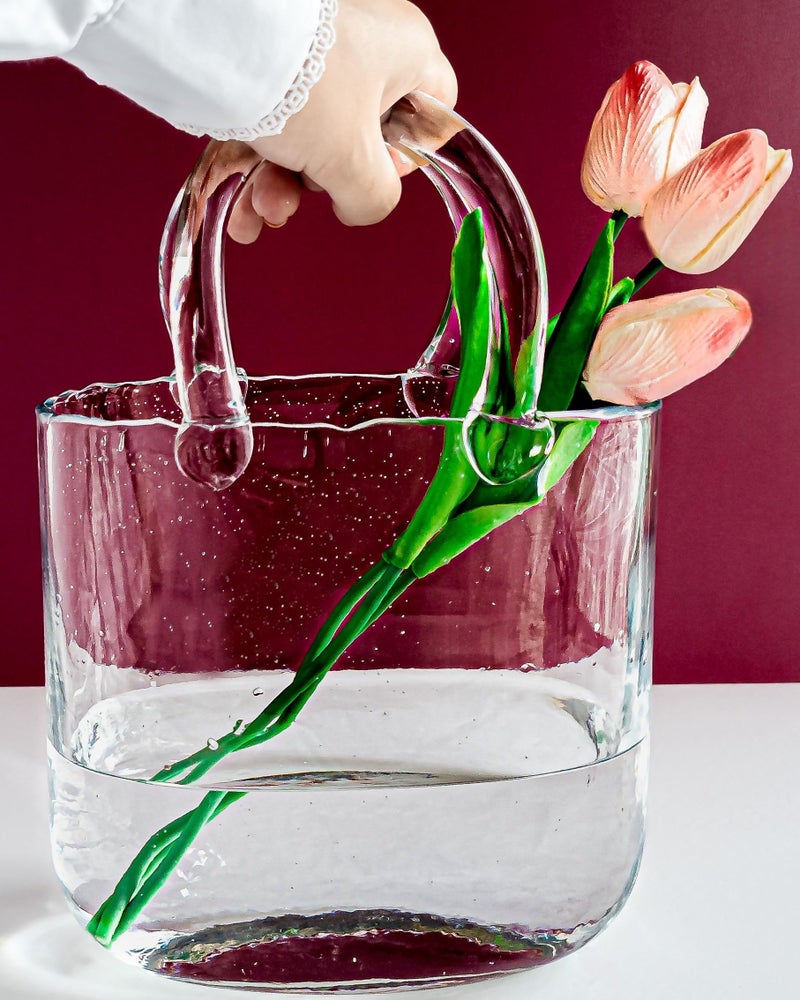 Oleek Purse Vase For Flowers (Handmade) Clear Glass Bag Vase -10Inches- Clear Cool & Cute Vase For Centerpieces & Fish Bowl - Handbag Unique Flower Vase Decorative - Wide Mouth Bubble Vase For D?Cor - Image 1