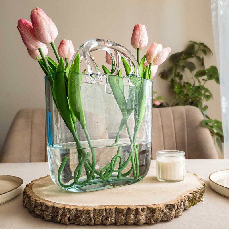 Oleek Purse Vase For Flowers (Handmade) Clear Glass Bag Vase -10Inches- Clear Cool & Cute Vase For Centerpieces & Fish Bowl - Handbag Unique Flower Vase Decorative - Wide Mouth Bubble Vase For D?Cor - Image 2