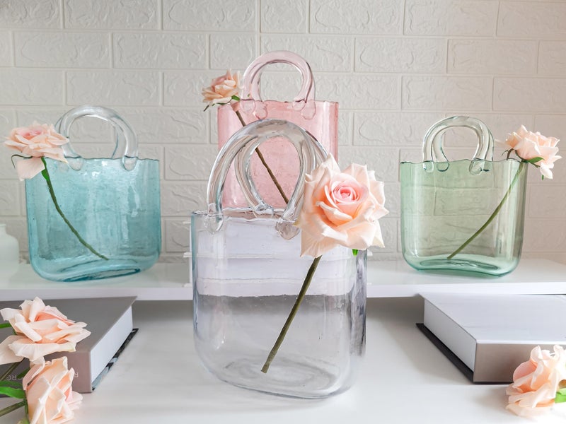 Oleek Purse Vase For Flowers (Handmade) Clear Glass Bag Vase -10Inches- Clear Cool & Cute Vase For Centerpieces & Fish Bowl - Handbag Unique Flower Vase Decorative - Wide Mouth Bubble Vase For D?Cor - Image 4