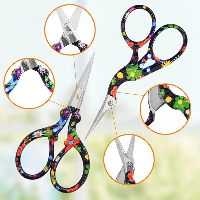 AQUEENLY Embroidery Scissors Vintage 2 Pcs Stainless Steel Stork Scissors Small Sewing Scissor Sharp 3.6 Inches Crochet Scissor for artwork, Threading, Needlework, Black Flower Style - Image 4