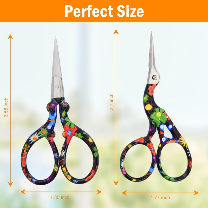 AQUEENLY Embroidery Scissors Vintage 2 Pcs Stainless Steel Stork Scissors Small Sewing Scissor Sharp 3.6 Inches Crochet Scissor for artwork, Threading, Needlework, Black Flower Style - Image 2