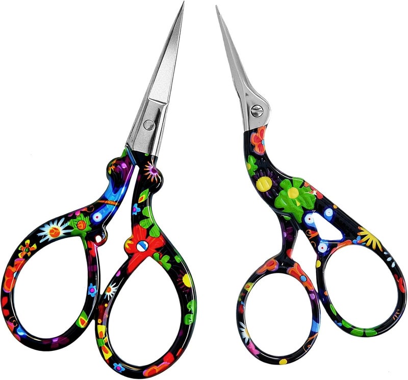 AQUEENLY Embroidery Scissors Vintage 2 Pcs Stainless Steel Stork Scissors Small Sewing Scissor Sharp 3.6 Inches Crochet Scissor for artwork, Threading, Needlework, Black Flower Style - Image 1