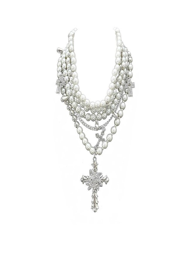 KURTCB Layered Pearl Necklace Gothic Cross Pearl Stacked Necklace for Women - Image 1