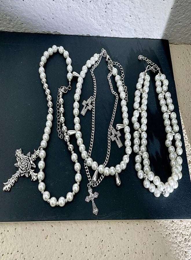 KURTCB Layered Pearl Necklace Gothic Cross Pearl Stacked Necklace for Women - Image 4