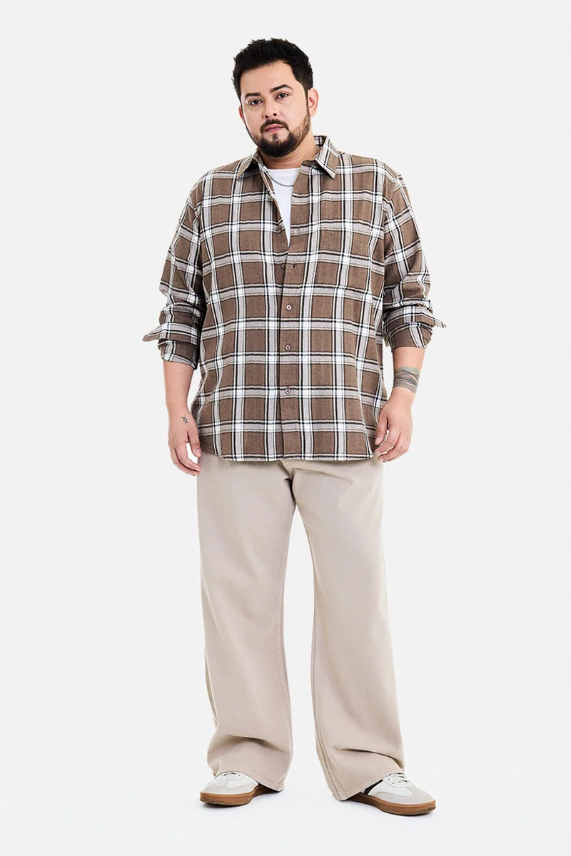 SNITCH Light Brown Checkered Long Sleeve Regular Fit Casual Plus Size Shirt
