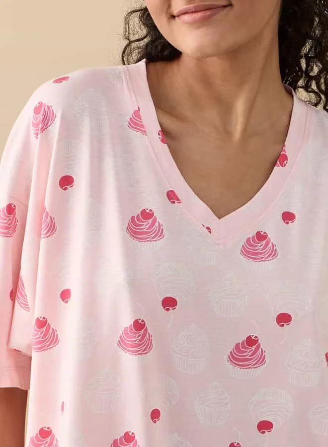 Splash FAV Printed Sleepshirt with V-neck and Short Sleeves