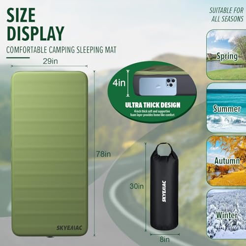 SKYEMAC 4" Thick Self Inflating Sleeping Pad with 13R Memory Foam, 78" x 29" Camping Mattress with Pump Sack, Portable Roll Up Bed, Inflatable Outdoor Mat for Rooftop Tent Car Truck Van, 4 Season - Image 3