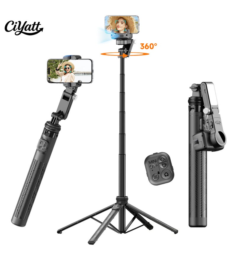 CiYatt 61.8‘’مثبت هاتف ذكي مع دوران 360°، تتبع تلقائي للوجه ومضاد للاهتزاز، عصي سيلفي رباعية القوائم 157 سم مع ضوء ملء - Image 1