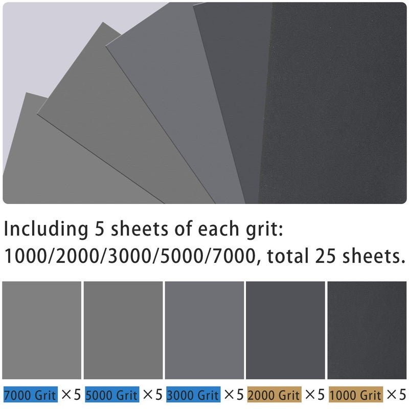 Lcubro 25Pcs Sandpaper Wet Dry Sandpaper High Grit 1000 2000 3000 5000 7000 Sandpaper Sheets Assortment For Wood Metal Polishing Automotive Sanding 9 X 3.6 Inches - Image 3
