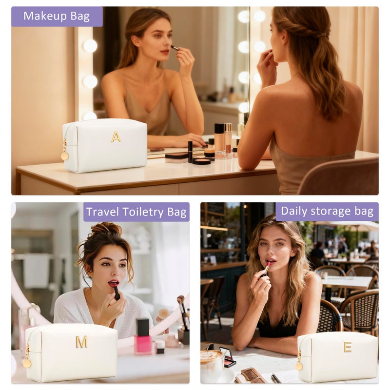 CLOUDWINGS Gifts for Women Bridesmaid Gifts Personalized Initial Makeup Bag PU Leather Cosmetic Waterproof Travel Toiletry Bag (A) - Image 4