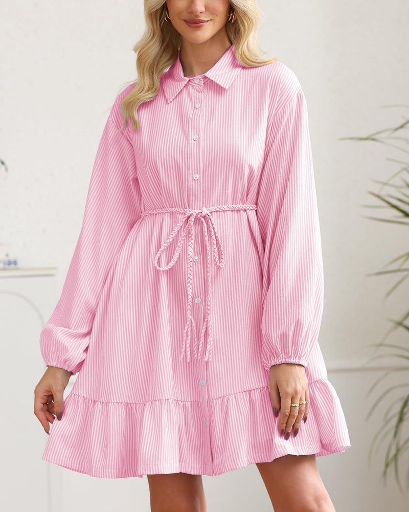YEXPINE Women Striped Shirt Mini Dress Long Sleeve Button Down Lapel Collared Ruffle Hem Tunic Belted Dresses Pink - Image 3